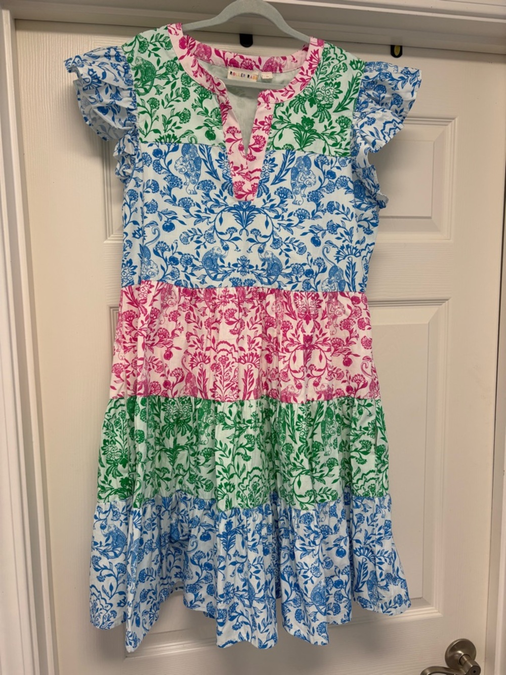 ROLLER RABBIT Pamela Pippa Dress Tiered Layered Tropical Floral Jungle Beach XS